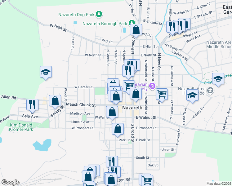 map of restaurants, bars, coffee shops, grocery stores, and more near 36 South Main Street in Nazareth