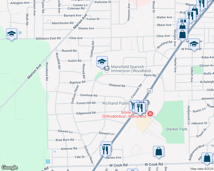 map of restaurants, bars, coffee shops, grocery stores, and more near 447 Shepard Road in Mansfield