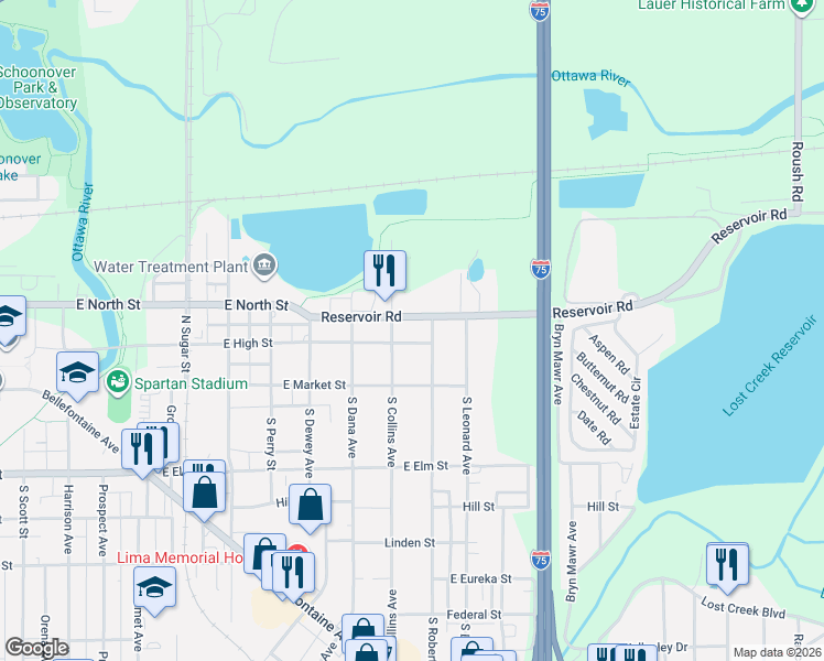 map of restaurants, bars, coffee shops, grocery stores, and more near 1520 East High Street in Lima
