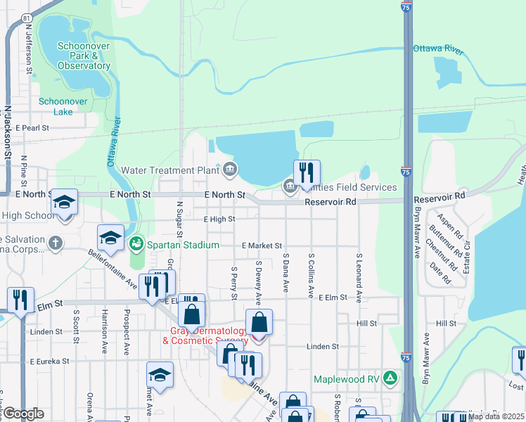 map of restaurants, bars, coffee shops, grocery stores, and more near 1320 East High Street in Lima