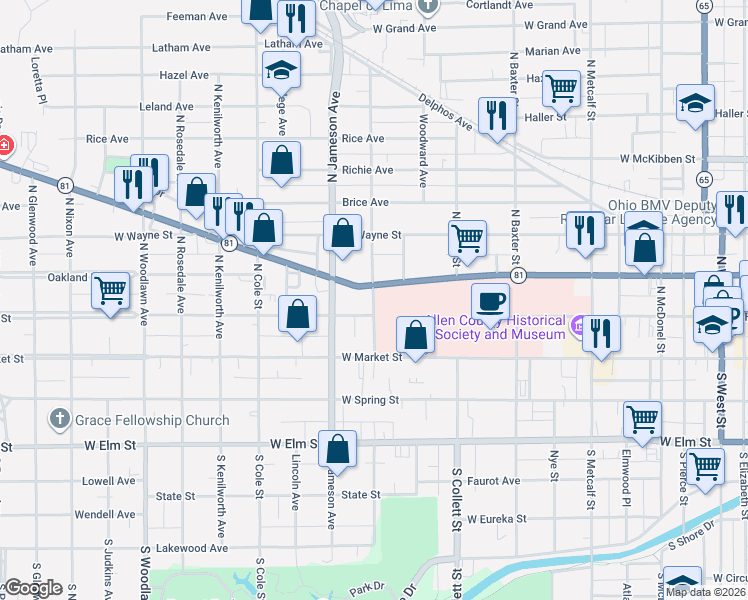 map of restaurants, bars, coffee shops, grocery stores, and more near 1004 West High Street in Lima