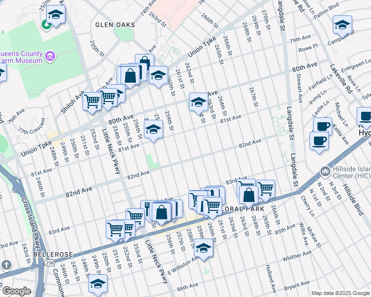 map of restaurants, bars, coffee shops, grocery stores, and more near 81-50 260th Street in Queens