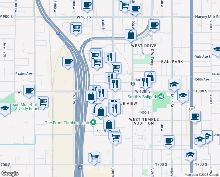 map of restaurants, bars, coffee shops, grocery stores, and more near 1290 300 West in Salt Lake City