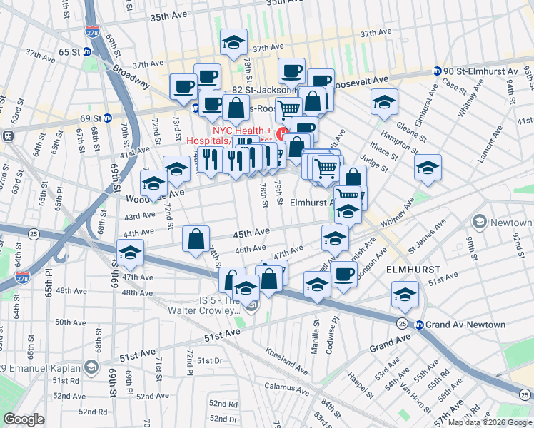 map of restaurants, bars, coffee shops, grocery stores, and more near 42-74 78th Street in Queens
