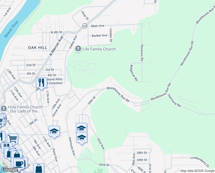 map of restaurants, bars, coffee shops, grocery stores, and more near 1010 Blockhouse Run Road in New Brighton