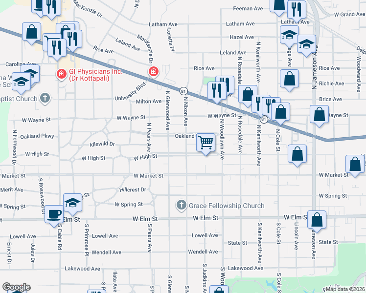map of restaurants, bars, coffee shops, grocery stores, and more near 1616 West High Street in Lima