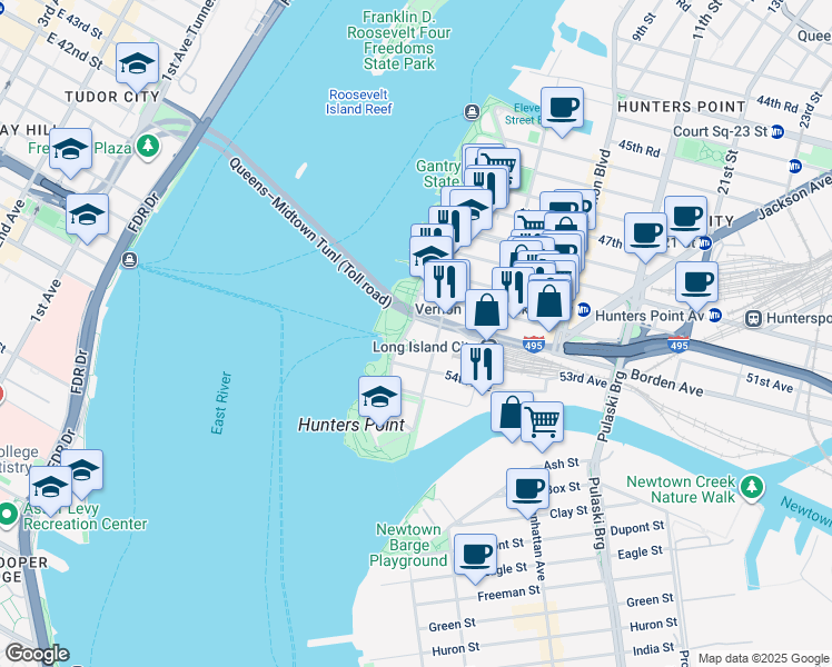 map of restaurants, bars, coffee shops, grocery stores, and more near 5203 Center Boulevard in Queens