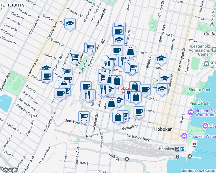map of restaurants, bars, coffee shops, grocery stores, and more near 302 Monroe Street in Hoboken