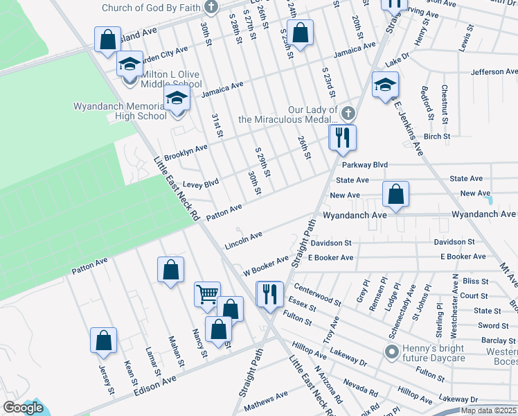 map of restaurants, bars, coffee shops, grocery stores, and more near 92 Patton Avenue in Wyandanch