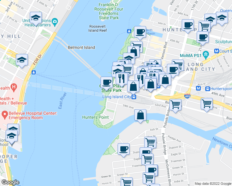 map of restaurants, bars, coffee shops, grocery stores, and more near 52-37 2nd Street in Queens