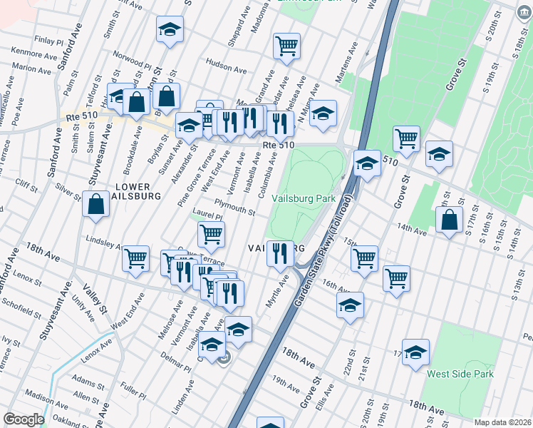 map of restaurants, bars, coffee shops, grocery stores, and more near 100 Columbia Avenue in Newark