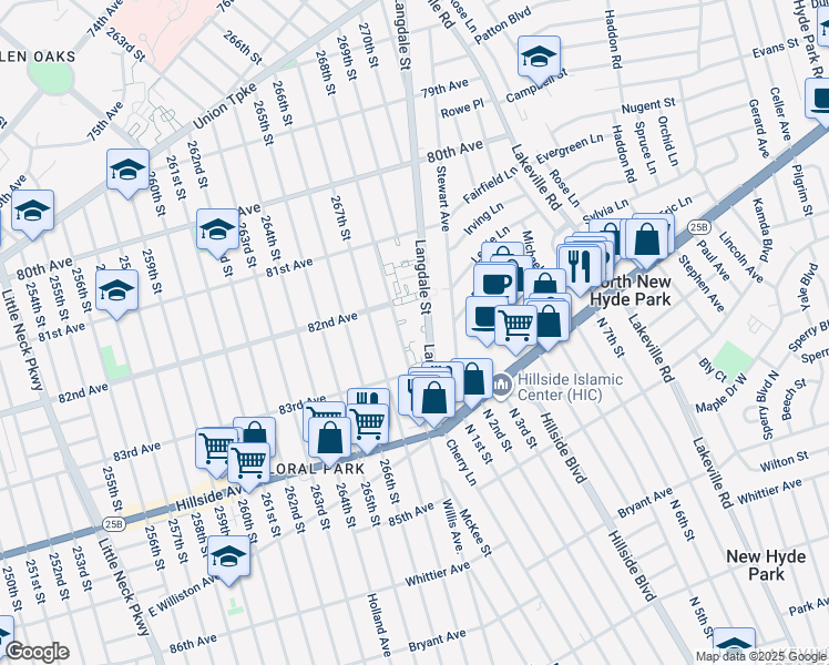 map of restaurants, bars, coffee shops, grocery stores, and more near 82-58 Langdale Street in Queens