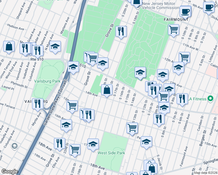 map of restaurants, bars, coffee shops, grocery stores, and more near 445 South 18th Street in Newark