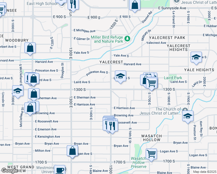 map of restaurants, bars, coffee shops, grocery stores, and more near 1232 South 1500 East in Salt Lake City
