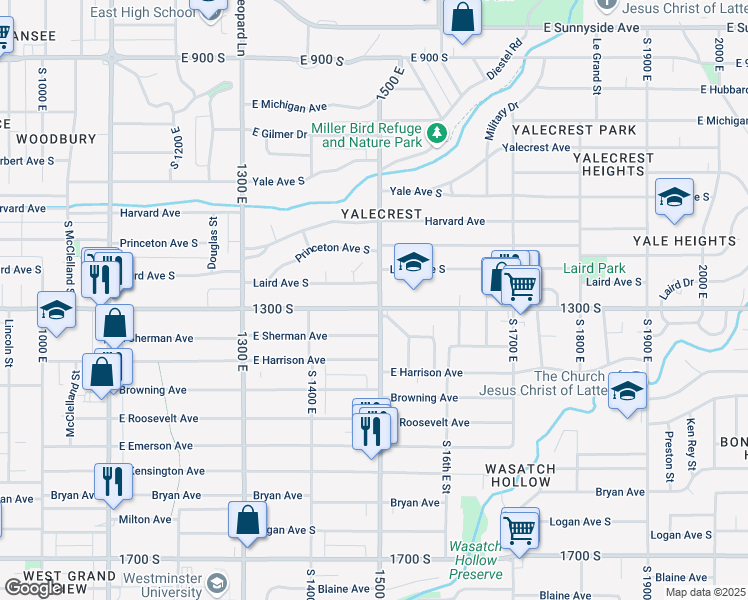 map of restaurants, bars, coffee shops, grocery stores, and more near 1232 South 1500 East in Salt Lake City