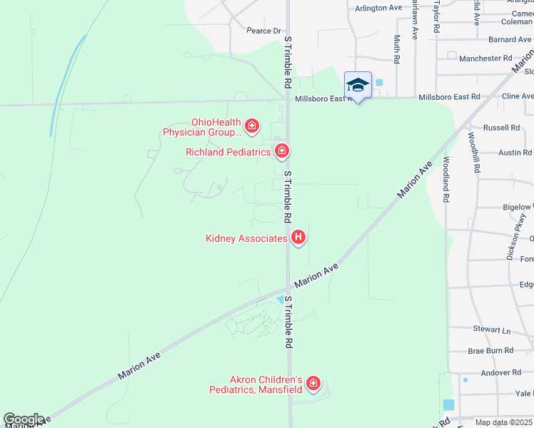 map of restaurants, bars, coffee shops, grocery stores, and more near 600 South Trimble Road in Mansfield