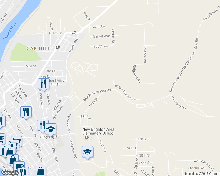 map of restaurants, bars, coffee shops, grocery stores, and more near 476 Blockhouse Run Road in New Brighton