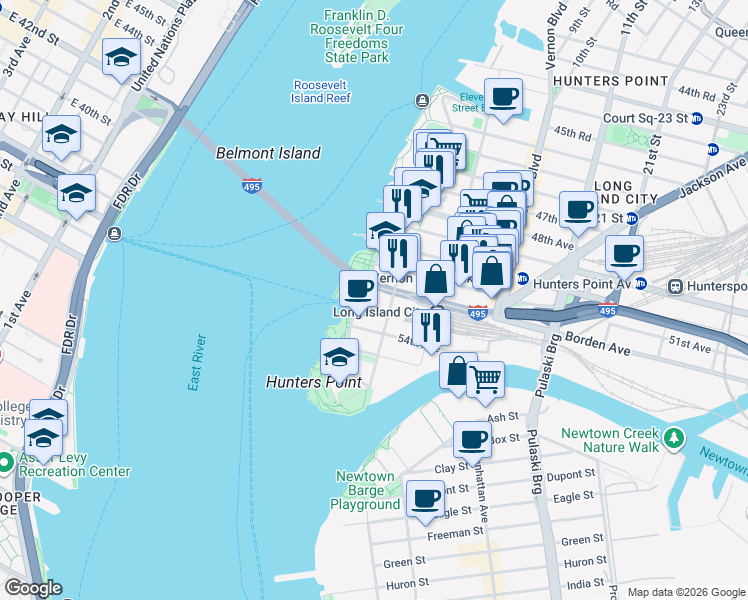 map of restaurants, bars, coffee shops, grocery stores, and more near 41 Center Boulevard in Queens