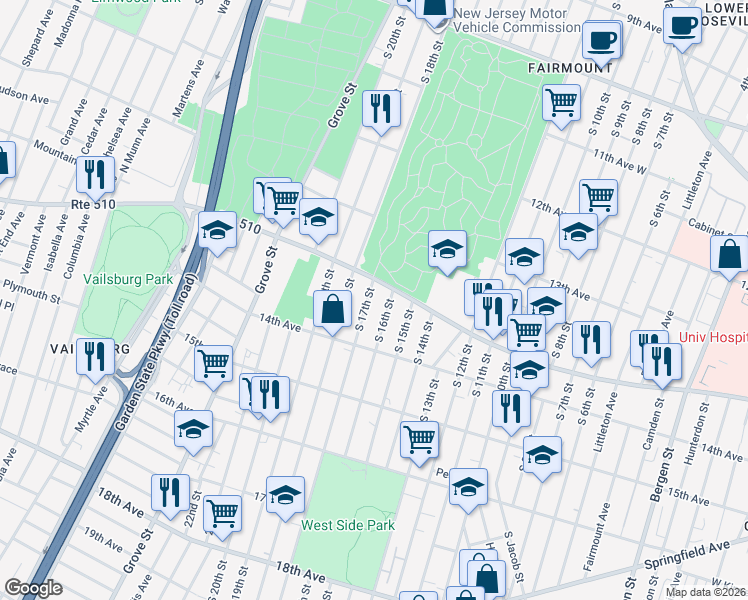 map of restaurants, bars, coffee shops, grocery stores, and more near 427 South 16th Street in Newark