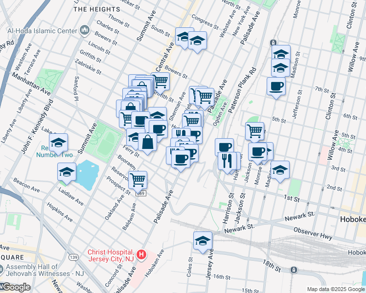 map of restaurants, bars, coffee shops, grocery stores, and more near 398 Palisade Avenue in Jersey City