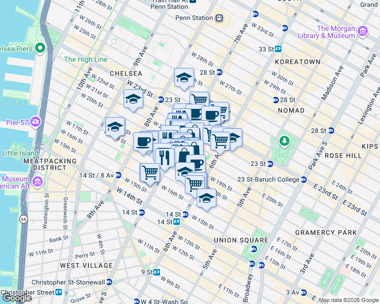 map of restaurants, bars, coffee shops, grocery stores, and more near 165 West 20th Street in New York