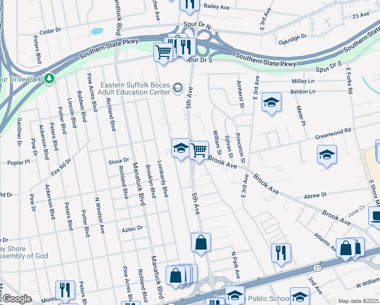 map of restaurants, bars, coffee shops, grocery stores, and more near 1 Debora Court in Bay Shore