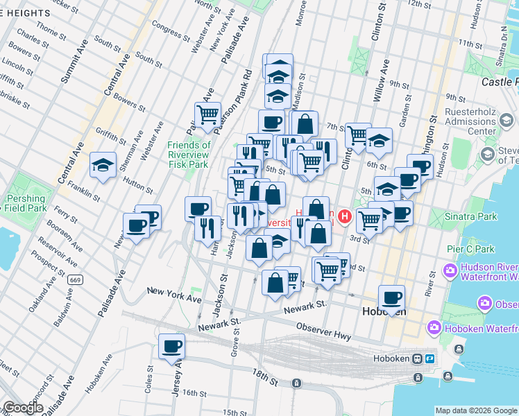 map of restaurants, bars, coffee shops, grocery stores, and more near 300 Madison Street in Hoboken