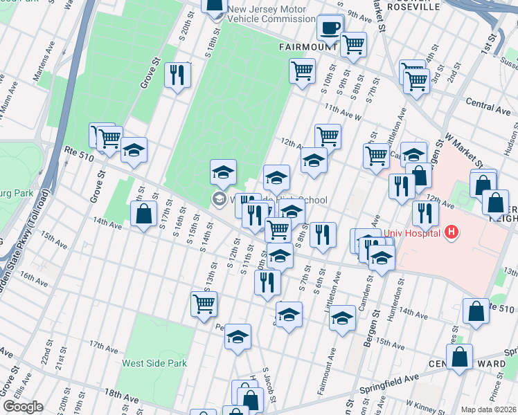 map of restaurants, bars, coffee shops, grocery stores, and more near 329 South 10th Street in Newark