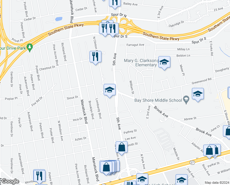 map of restaurants, bars, coffee shops, grocery stores, and more near 1400 5th Avenue in Bay Shore