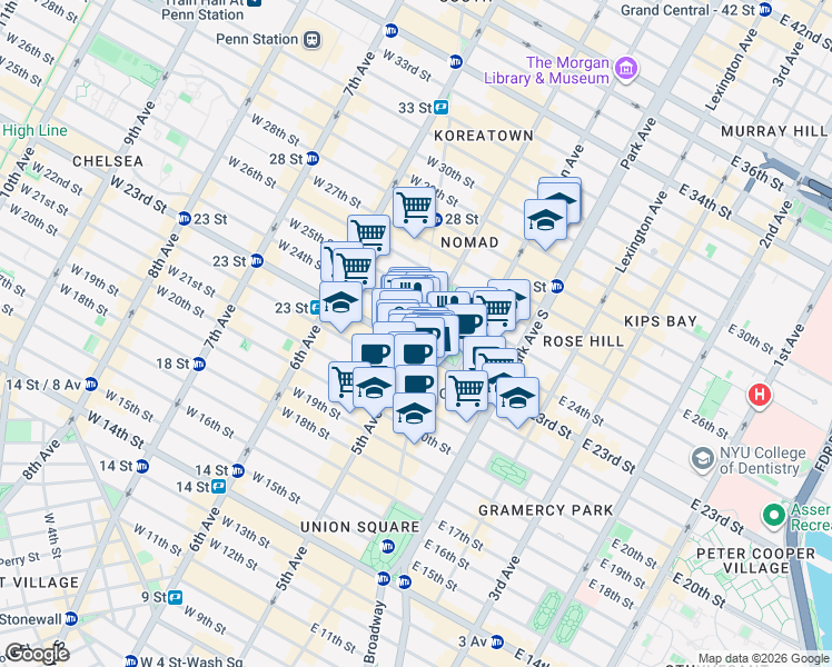 map of restaurants, bars, coffee shops, grocery stores, and more near 200 5th Avenue in New York