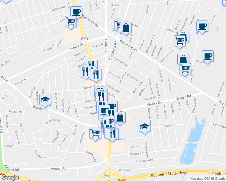 map of restaurants, bars, coffee shops, grocery stores, and more near 516 Leader Avenue in North Babylon