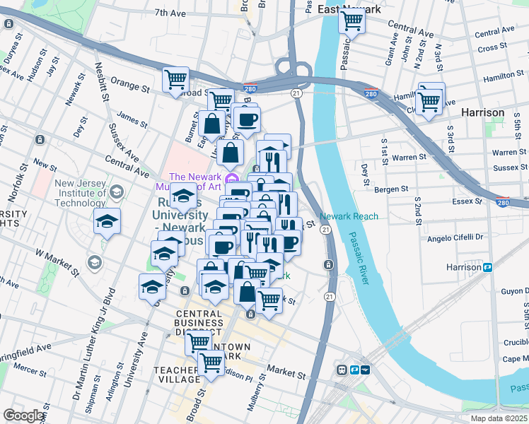 map of restaurants, bars, coffee shops, grocery stores, and more near 576 Broad Street in Newark