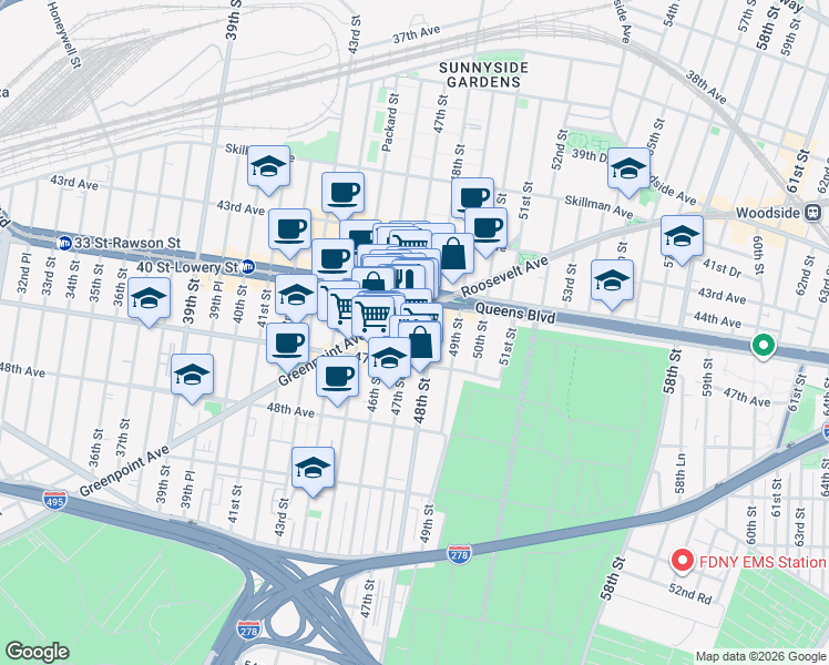 map of restaurants, bars, coffee shops, grocery stores, and more near in Queens