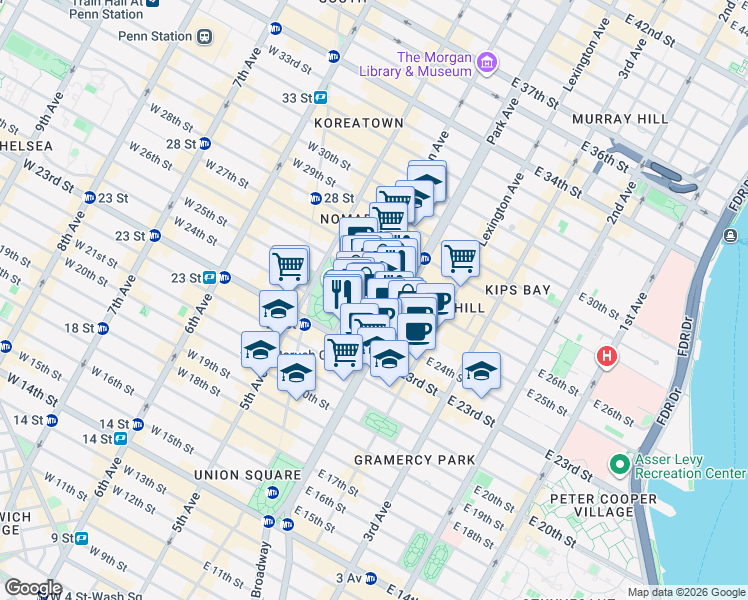 map of restaurants, bars, coffee shops, grocery stores, and more near 340 Park Avenue South in New York