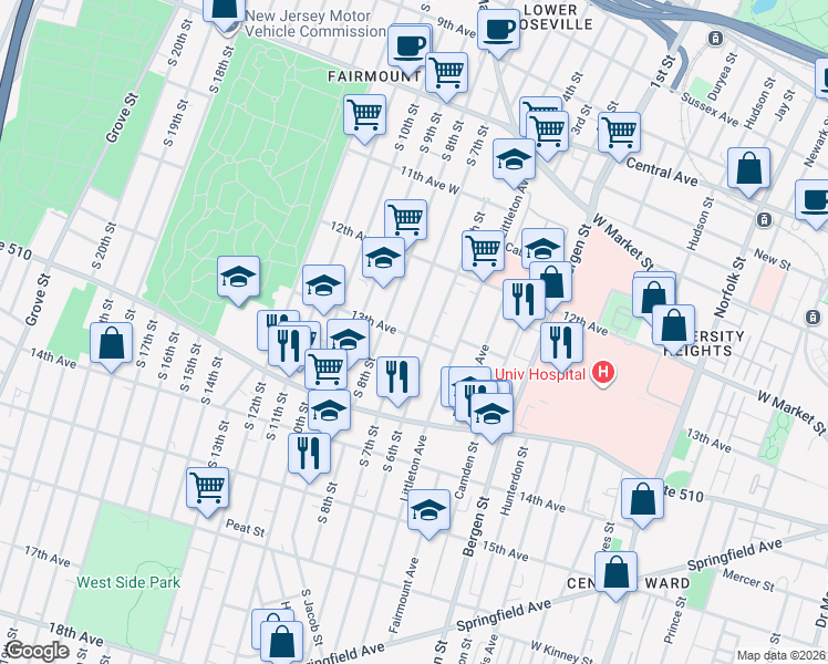 map of restaurants, bars, coffee shops, grocery stores, and more near 184 South 6th Street in Newark