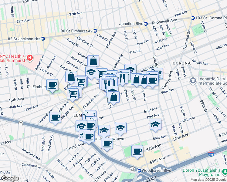 map of restaurants, bars, coffee shops, grocery stores, and more near 91-6 48th Avenue in Queens