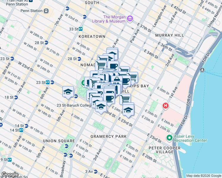 map of restaurants, bars, coffee shops, grocery stores, and more near 111 E 26th St in New York