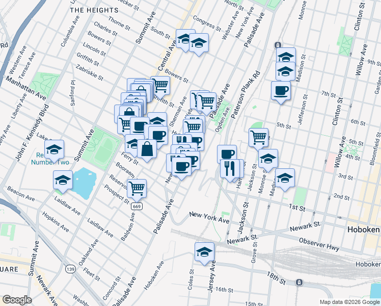 map of restaurants, bars, coffee shops, grocery stores, and more near 385 Palisade Avenue in Jersey City