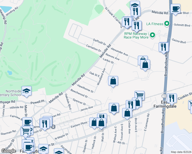 map of restaurants, bars, coffee shops, grocery stores, and more near 19A Woodland Avenue in Farmingdale
