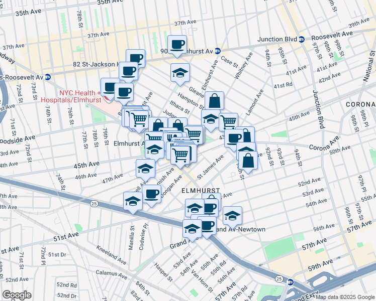 map of restaurants, bars, coffee shops, grocery stores, and more near 86-11 Whitney Avenue in Queens