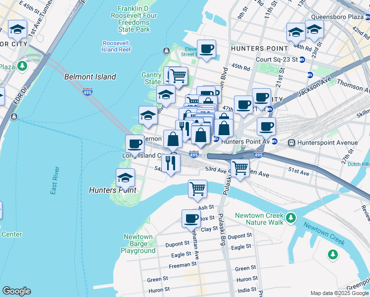 map of restaurants, bars, coffee shops, grocery stores, and more near 404 Borden Avenue in Queens
