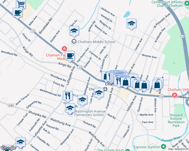 map of restaurants, bars, coffee shops, grocery stores, and more near 345 Main Street in Chatham