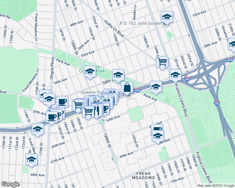 map of restaurants, bars, coffee shops, grocery stores, and more near Horace Harding Expressway in Queens