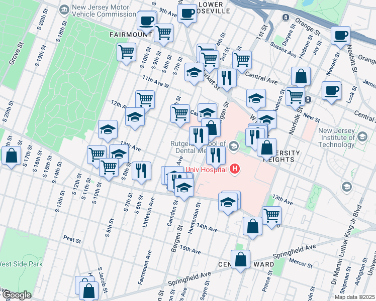 map of restaurants, bars, coffee shops, grocery stores, and more near 129 Camden Street in Newark
