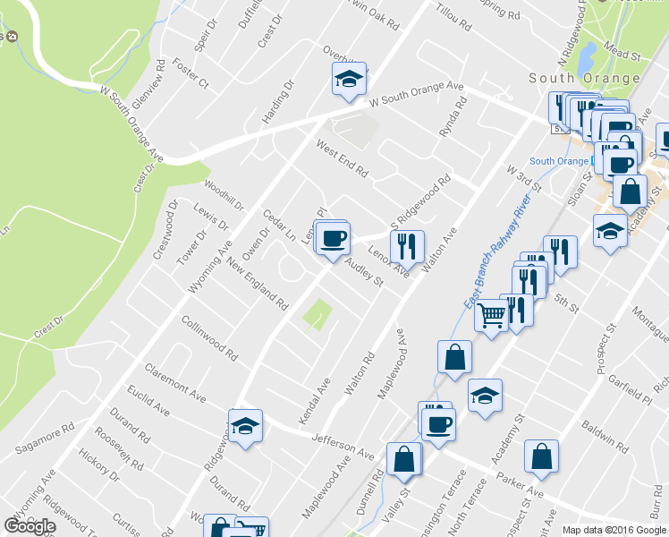 map of restaurants, bars, coffee shops, grocery stores, and more near 410 Ridgewood Road in Maplewood