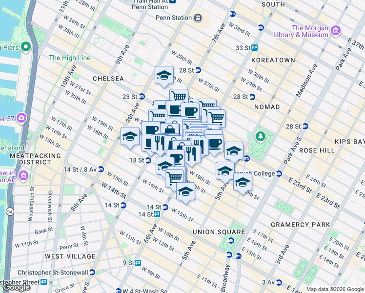 map of restaurants, bars, coffee shops, grocery stores, and more near 120 West 21st Street in New York