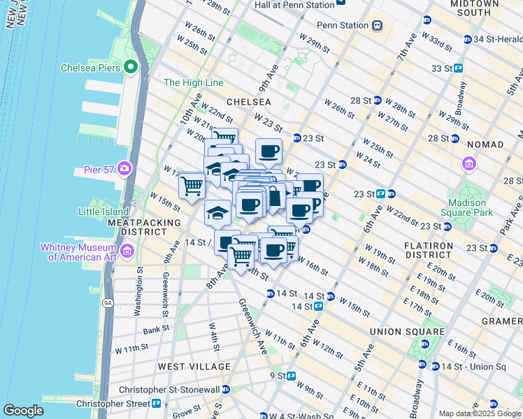 map of restaurants, bars, coffee shops, grocery stores, and more near 128 8th Avenue in New York