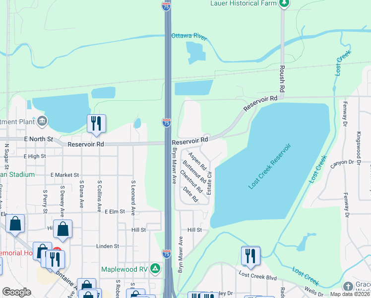 map of restaurants, bars, coffee shops, grocery stores, and more near 300 Aspen Road in Lima