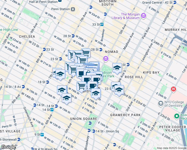 map of restaurants, bars, coffee shops, grocery stores, and more near 200 5th Avenue in New York