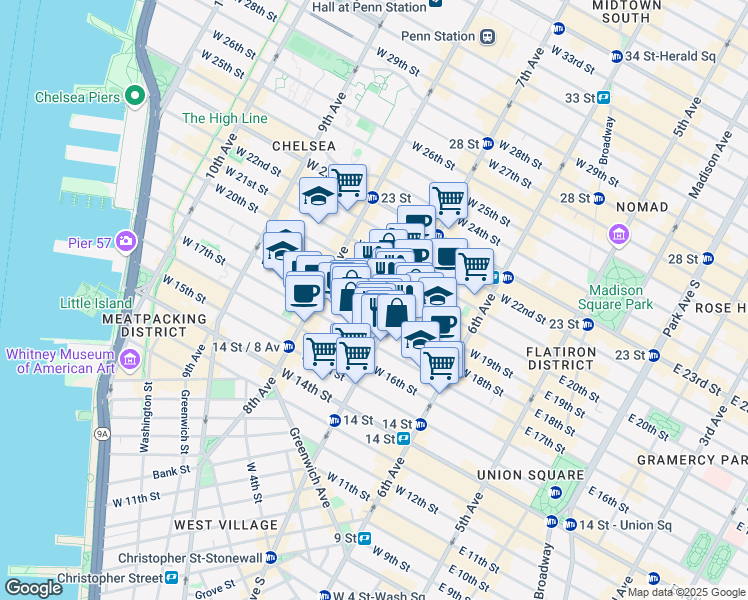 map of restaurants, bars, coffee shops, grocery stores, and more near 220 West 19th Street in New York